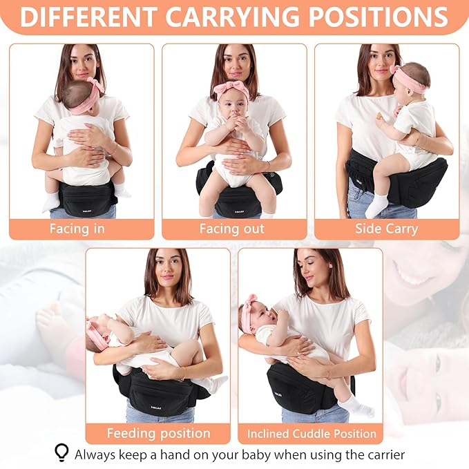 HKAI Baby Hip Carrier,Baby Carrier with Adjustable Waistband & Breathable Mesh, Ergonomic Carrier with Non-Slip Hip Seat Surface for Newborns & Toddlers (Black)