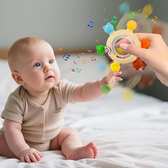 Baby Teething Rings Toys for 0-6 6-12 Months Animal Rattle Teether Sensory Toys for Babies 0-24Months Silicone Teether Relief Chew Soothing Sore Gums for Newborn Infant Essentials BPA Free (Animal)