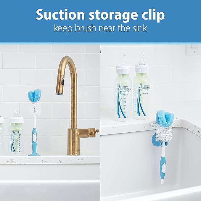 Dr. Brown's Silicone Cleaning Brush Set with Bottle, Spout, and Straw Brush, 3-Pack + Baby Bottle Sponge Brush, Blue, 3-Pack