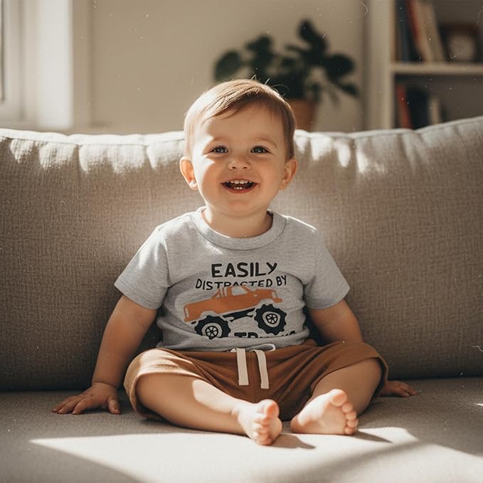 Toddler Baby Boy Clothes Summer Short Sleeve Trucks Tractors Print T-Shirt Tops Solid Color Shorts Set Casual Outfit
