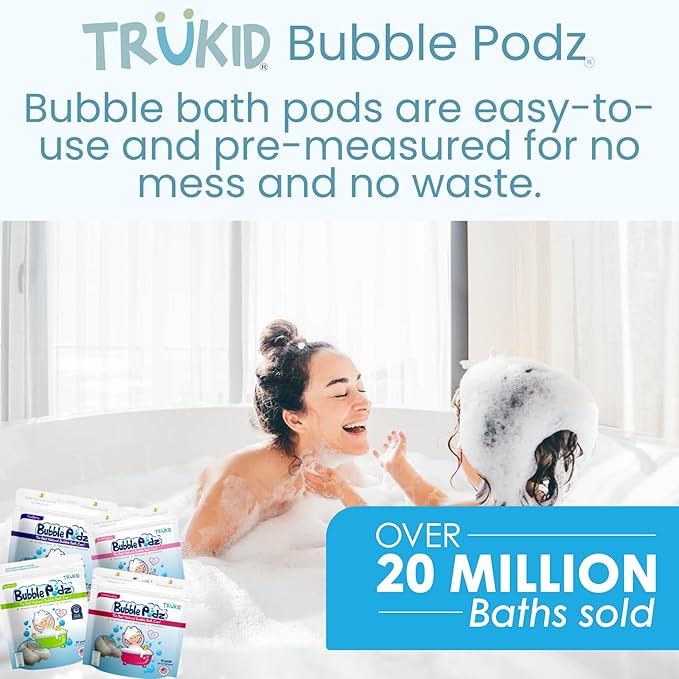 TruKid Bubble Podz Bubble Bath for Kids, Toddlers, & Babies, Tear Free Gentle & Refreshing Bath Bomb for Sensitive Skin with Natural Moisturizers, Non-Toxic, pH Balanced, Bubble Gum Scent (10 Podz)