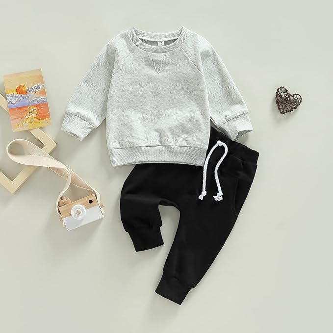 Toddler Baby Boy Clothes Solid Color Long Sleeve Crewneck Sweatshirt Top Casual Pants Set 2Pcs Fall Winter Outfits