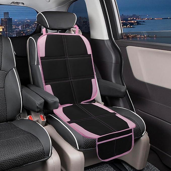 Child Car Seat Protector, 2 Pack with Mesh Pockets & Non-Slip Backing, 600D Durable (Pink, Standard)