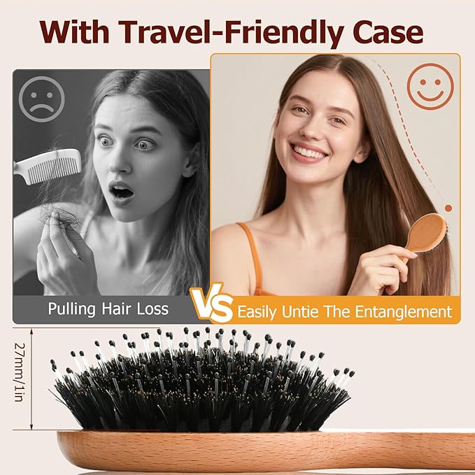 Mini Hair Brush, Travel Small Boar Bristle Hair Brush for Women Gift- Small Portable Compact HairBrush for Girls Kids Women Best Gift, Travel Size for Purse, Vacation, Business Trips & Outings