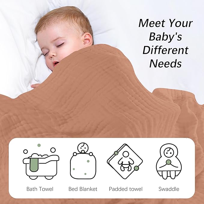SWEET DOLPHIN Muslin Baby Bath Towels Blanket - 2 Pack 100% Cotton Towel for Babies, Infants, Toddlers - 40x40Inch - Highly Absorbent, Light Bean Paste