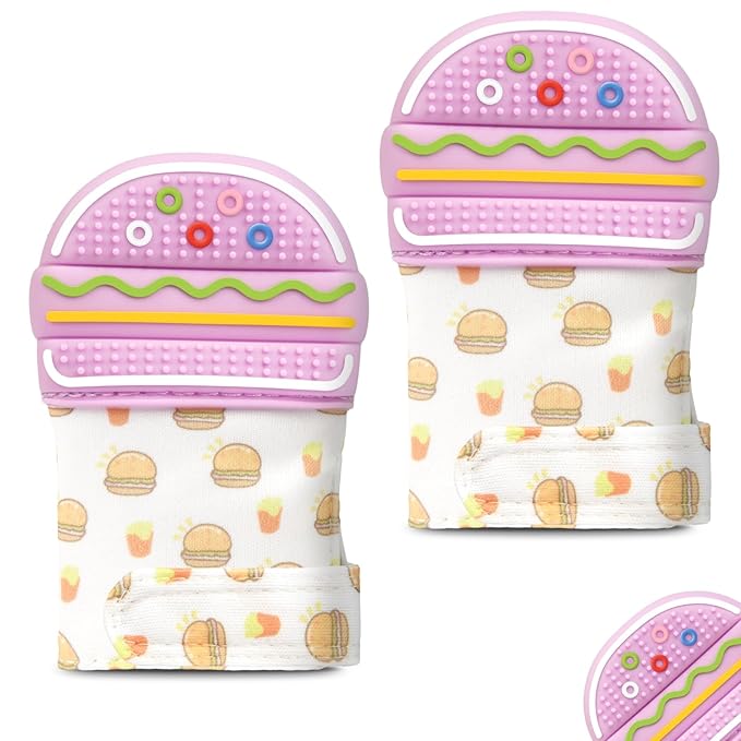 2Pack Silicone Teething Mitt, Hamburger Baby Teething Toy for 0-6 6-12 Months, Food Grade Silicone Infant Teething Mitten, BPA-Free Baby Chew Toys for Pain Relief, Sucking Needs