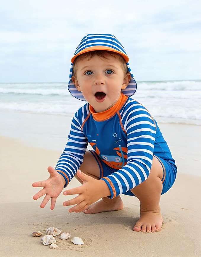 ADUKIDE Baby Boys Swimsuit Summer Beach Rash Guard Swimwear One Piece Sunsuit with Sun Hat 3-24 Months