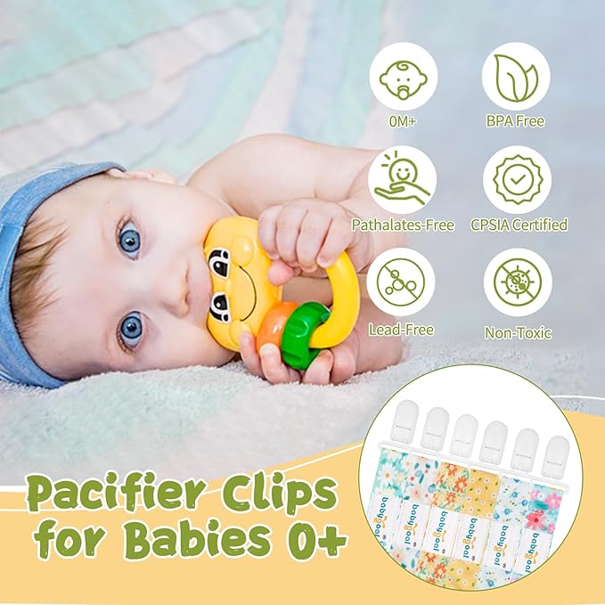 babygoal Floral Pacifier Clips, 6 Pack Binky Paci Holder Clips Leashes Fits for Most Pacifiers and Binkies 6PS31