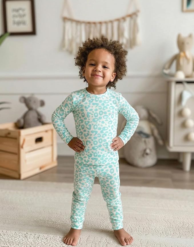 moimoln Baby Toddler Pajama Set Snug-Fit Cotton Modal Sleepwear, Leopard, Check & Solid Mix (6M-8Y, 1/2 Pack)