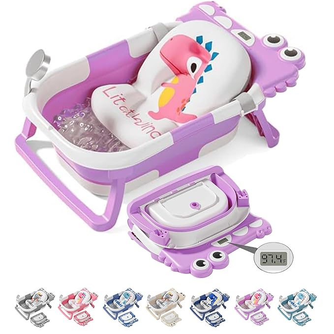 TPN Collapsible Baby Bathtub, Baby Bath Tub with Soft Cushion & Real-Time Thermometer, Baby Bathtub Infant to Toddler Tub (0-36 Months), Portable Travel Baby Tubs for Newborns (Lavender)