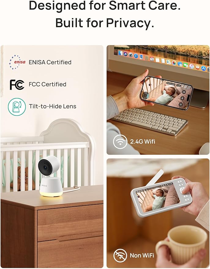 Dr.Care LumiView Smart WiFi Baby Monitor with Clip Mount - 5" 1080P FHD & 2K Camera App Control, Privacy Mode, 5000mAh Removable Battery, Cry & Motion Alerts, HD Night Vision, RGB Night Light