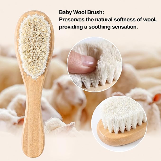 Wooden Baby Brush and Comb Set 3-Piece Beech Wood Flat Comb, Basswood Brushes with Soft Wool Bristles & Bamboo-Air Cushion Comb - Gentle Ideal Baby Gift