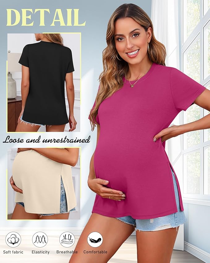 Ficerd 3 Pack Women's Maternity T Shirts, Short Sleeve Side Split Pregnancy Tops Casual Crew Neck Pregnant Tees Mama Clothes