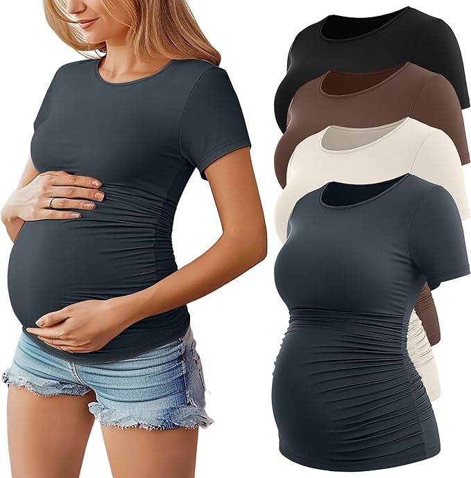Huukeay 4 Pack Women's Maternity Shirts, Crew Neck Maternity Top Short Sleeve Casual Cotton Tee Side Ruched Pregnancy Clothes