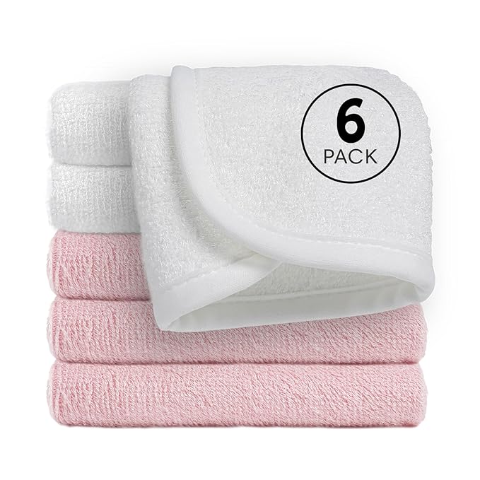 Reusable Organic Baby Washcloths Set: 6 Packs 10 * 10 Ultra Soft Wash Cloth Viscose from Bamboo Absorbent Infant Newborn Bath Face Towel Gentle for Delicate Skin Boys Girl (3 White+ 3 Pink)