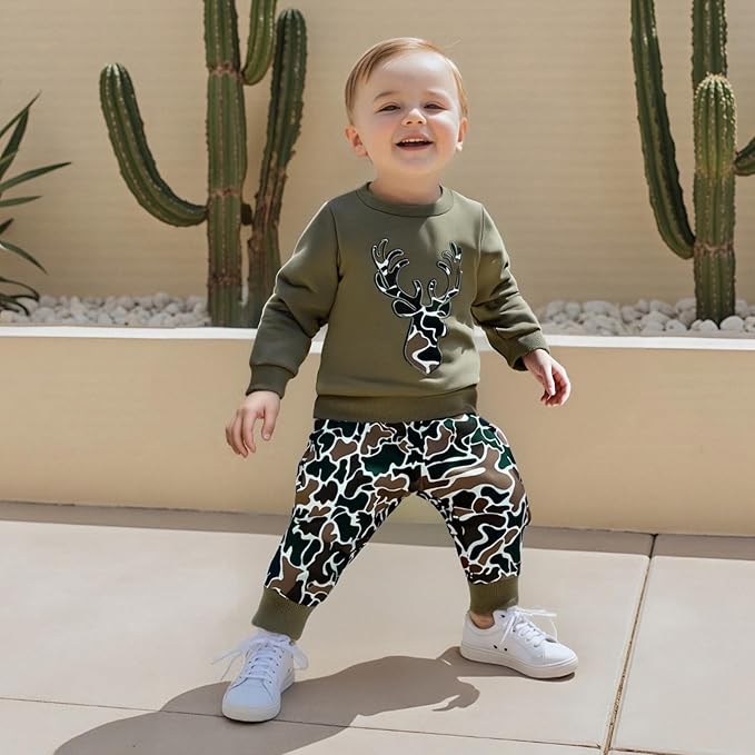 Muineobuka Toddler Baby Boy Hunting Clothes Reindeer Embroidery Sweatshirt and Camouflage Pants Outfits Baby Camo Clothing
