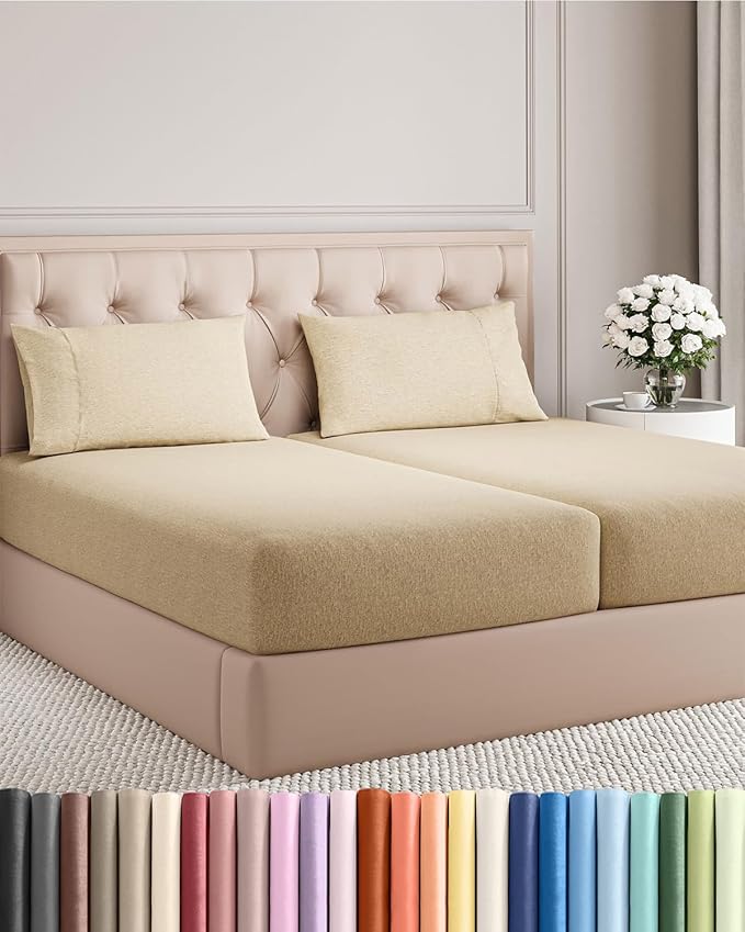 Split King Size 5 Piece Sheet Set - Comfy Breathable & Cooling Bed Sheets Set - Hotel Luxury Bedding for Women, Men, Kids, Teens, Boys & Girls - Deep Pockets & Wrinkle Free - Tan (Heathered Sheets)
