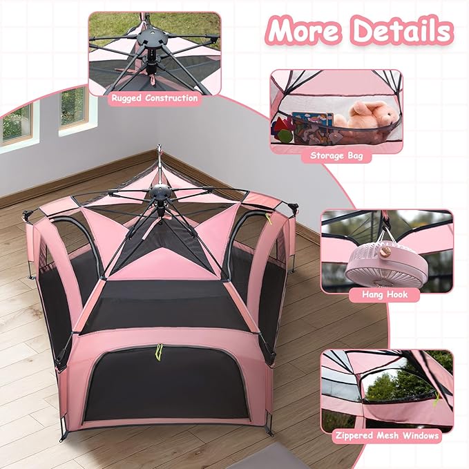 Baby Playpen Pop-up Tent - Outdoor & Indoor Play Tent for Beach with Canopy Travel Bag Portable Play Yard for Babies & Toddlers (Pink)