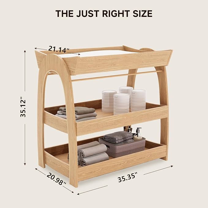 Baby Changing Table, Wood Diaper Changing Table with 2-Tier Storage Shelves, Wooden Baby Changing Station for Nursery, Modern Changing Table Dresser