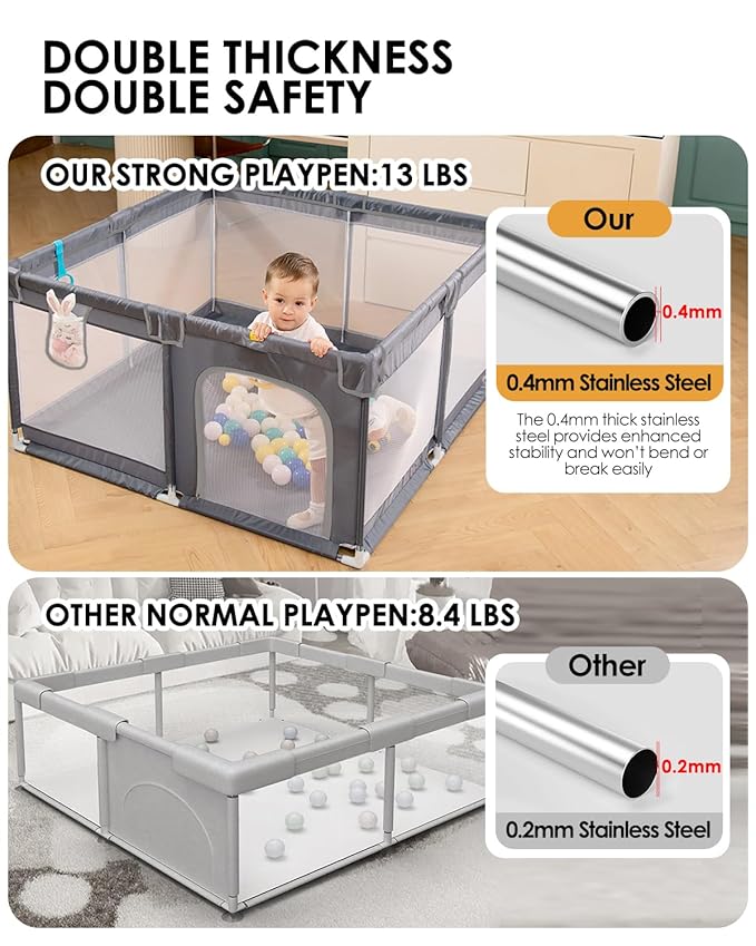 50" x 50" Extra Large Baby Playpen for Babies and Toddlers, Safe with Soft Play Fence, Indoor Safety Yard, Easy to Assemble and Clean (Gray)