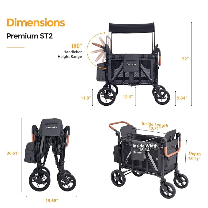 Premium 2 Seater Wagon Stroller for Kids, Foldable All-Terrain Stroller Wagon with Removable Seats, Adjustable 5-Point Safety Harness, Canopy, and Dual Handles, Dark Gray