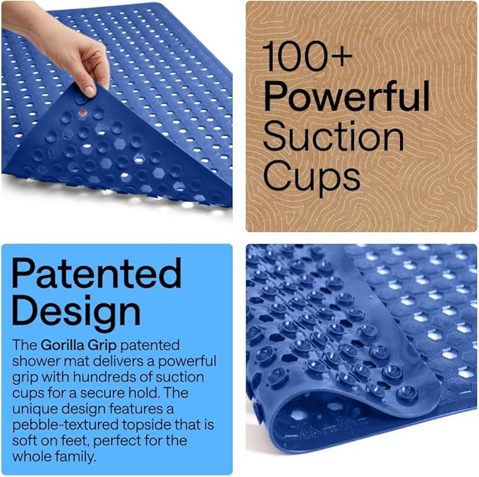 GORILLA GRIP Patented Square Shower Stall Mat, Small Bathtub Floor Mats for Stand Up Showers, Suction Cups, Drain Holes, Machine Wash, Soft on Feet, Bathroom Accessories 21x21 Inch, Royal Blue Opaque