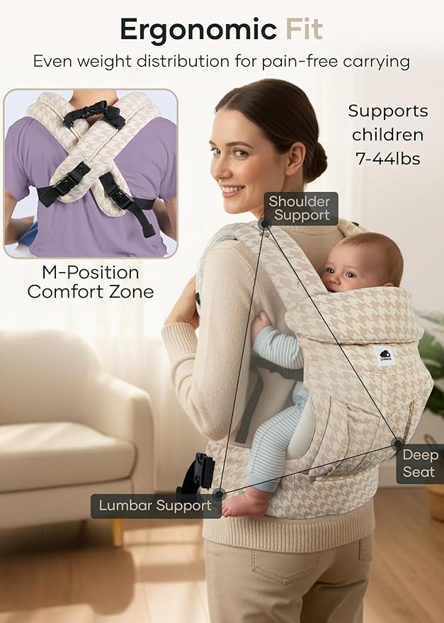 Sprinta Premium Linen-Cotton Baby Carrier – Ergonomic Houndstooth Newborn to Toddler Carrier (7-44 lbs), 4-Way Adjustable Fit
