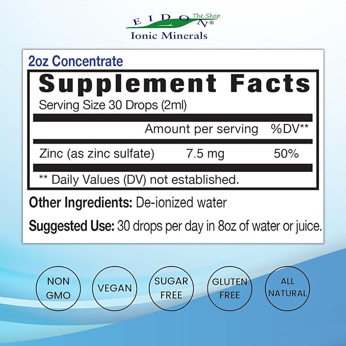 Eidon Ionic Minerals Liquid Zinc Concentrate - Ionic Zinc Sulfate Supplement Drops for Men, Women, & Kids, Support Immune System, Hair and Skin, Liver and Kidney Health - 2 oz