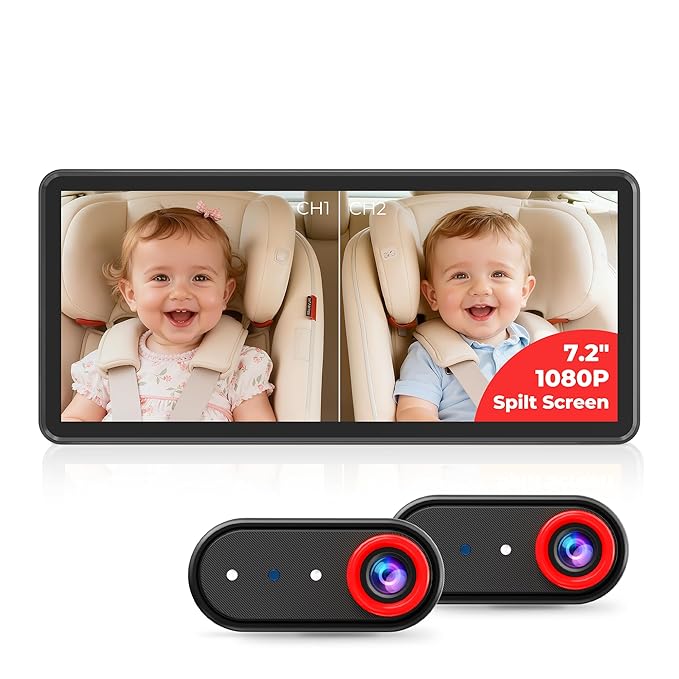 BM5PRO Double Car Camera for 2 Baby，7.2" 1080P Split Screen with IR Night Vision, Real-Time Monitoring Baby Car Camera,Easy Install, Family Travel Companion for Kids & Pets
