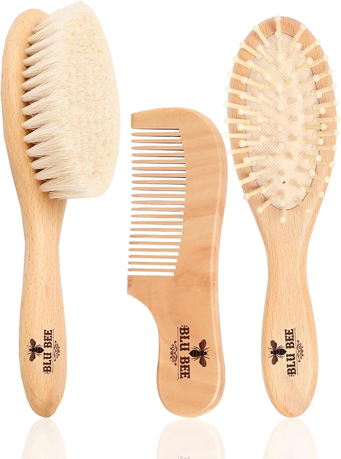 The Hat Pros Wooden Baby Hairbrush & Comb Set | Soft Goat Hair Brush for New Born & Toddlers, Prevents Cradle Cap, 3-in-1 Gift Set for Baby Shower Celebrations