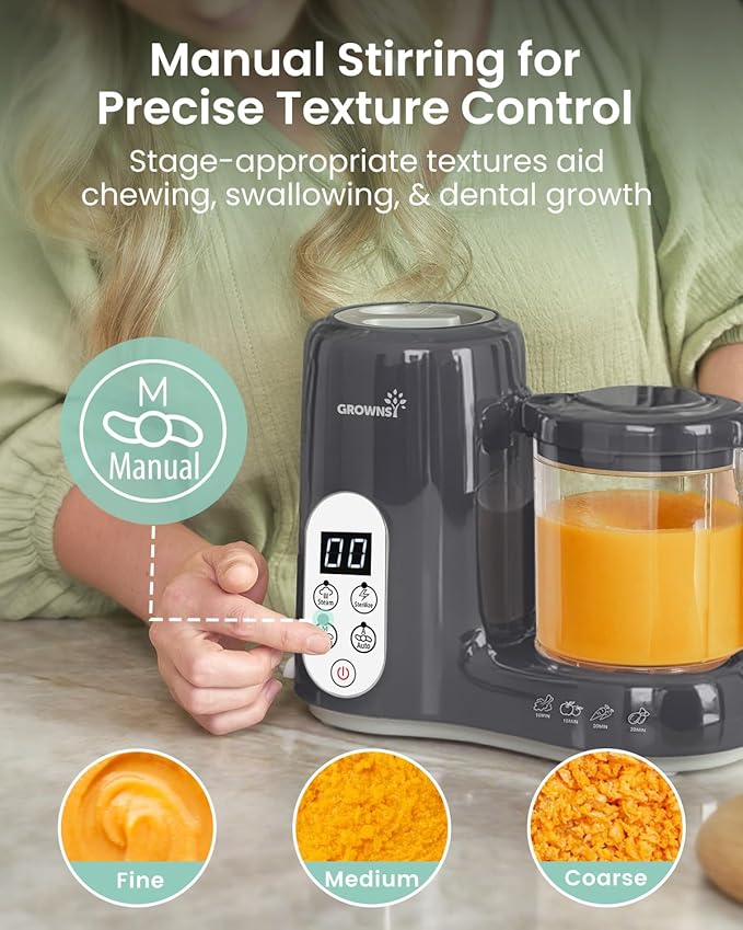 Grownsy Baby Food Maker with Steam Basket, One Step Baby Food Processor Steamer Puree Blender Grinder Mills Machine, Auto Cooking Grinding and Sterili-zing for Healthy Homemade Baby Food, Dark Grey