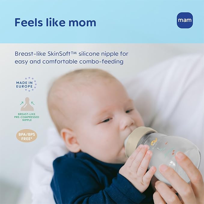 MAM Premium Glass Baby Bottles, Easy Switch Between Breast and Bottle, Feel Good Medium Flow, Newborn Essentials Must Have, 2+ Months, BPA Free, 9oz, Boy, 3pack