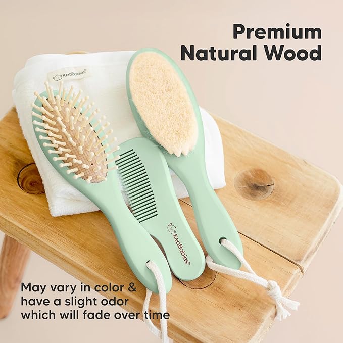 Baby Hair Brush Set for Newborns - Soft Goat Bristle Wooden Baby Brush and Comb Set Newborn Grooming Kit for Cradle Cap, Durable & Gentle, Boy, Girl Infant Essentials Care Kit (Oval, Sage)