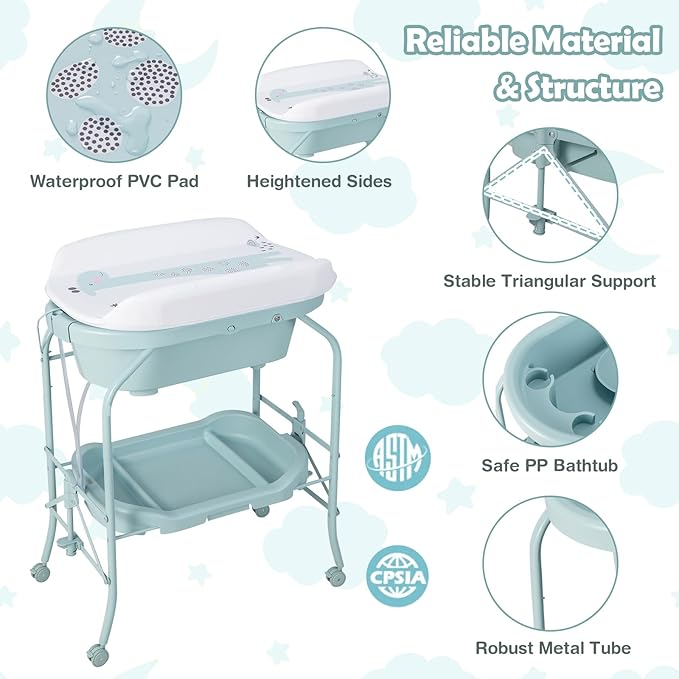 HONEY JOY 2-in-1 Baby Bathtub & Changing Table, Foldable Infant Diaper Changing Station with Wheels, Storage Tray, Waterproof Pad, Portable Newborn Nursery Organizer Bath Stand for Boys Girls (Blue)