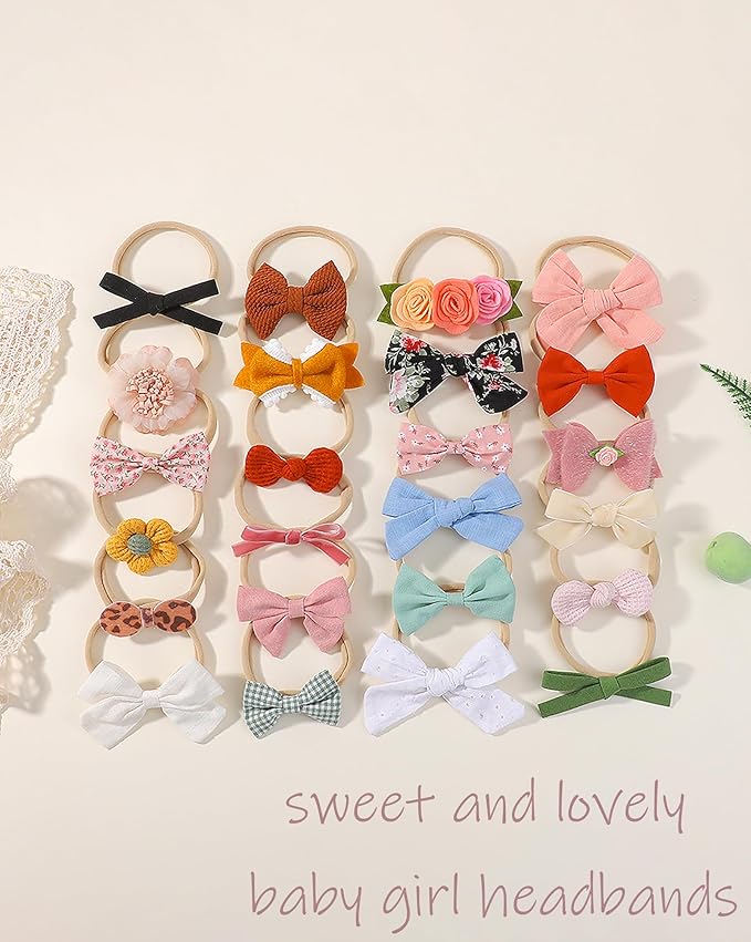 doboi Baby Girl Headbands 24PCS Nylon Linen Handmade Hairbands with Hair Bows and Accessories for Newborns, Infants, Toddlers, and Little Kids
