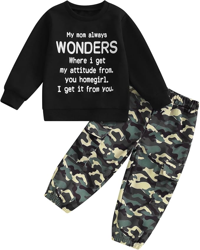 wdehow Toddler Kids Baby Boy Fall Outfits 1T 2T 3T 4T 5T Letter Print Long Sleeve Tops Camouflage Pants Winter Clothes Sets