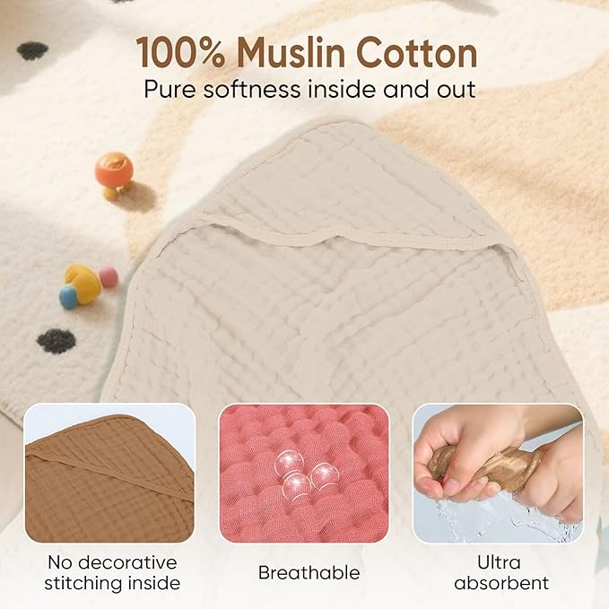 Muslin Hooded Baby Towels 100% Cotton ，Super Soft Muslin Baby Bath Towel - 32 x 32 Inches, Suitable for Newborn and Young Children up to 3 Years Old. (Beige & Coffee)