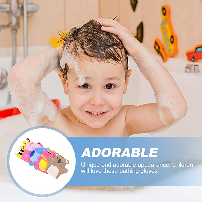Kids Bath Mitts, 5 Pcs Cute Animal Washcloths Gloves, Bath Sponge Body Washcloth Mitt for Boys Girls Children Hand Bathing Shower