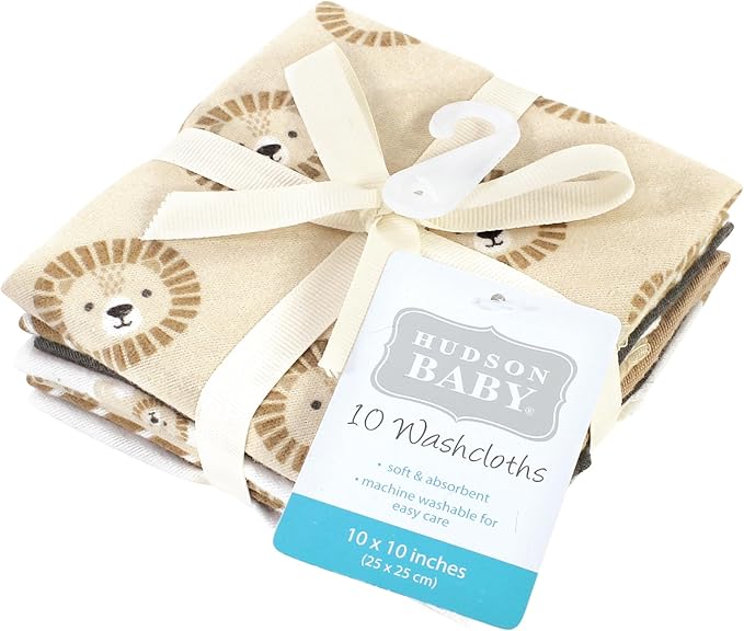 Hudson Baby Unisex Baby Flannel Cotton Washcloths, Brave Lion 10 Pack, One Size