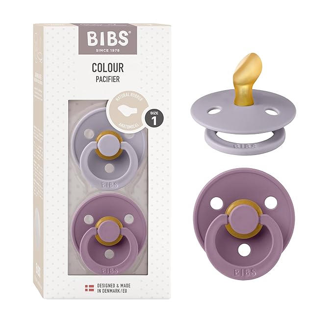 BIBS Pacifiers - Set of 2 | Colour Pacifier with Anatomical Nipple | BPA-Free Natural Rubber | Made in Denmark | Fossil Grey/Mauve, 0-6 Months