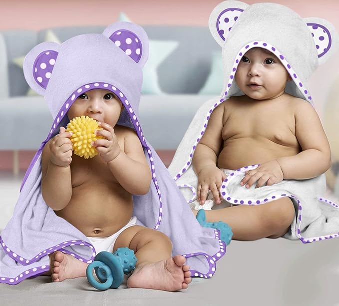 Set of 2 Hooded Baby Towels – White and Purple – Luxurious, Large and Super Absorbent – 35 x 35 Inch – Soft and Suitable for Infants, Toddlers and Kids – 400 GSM
