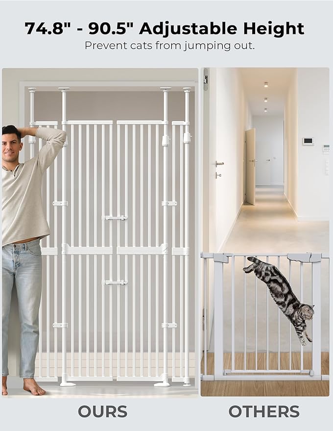 Extra Tall Cate Gate for Doorway: Pressure Mount 74.8"-90.5" Tall Cat Gate for Pets in Extra 30.3"-47.2" Width No Wall Drilling No Toddler for Indoor Stairs Hallway Room Safety Barrier