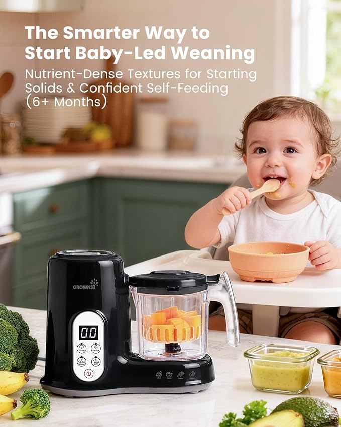 Grownsy Baby Food Maker with Steam Basket, One Step Baby Food Processor Steamer Puree Blender Grinder Mills Machine, Auto Cooking Grinding and Sterili-zing for Healthy Homemade Baby Food, Blcak