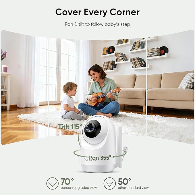 bonoch Upgraded 1080P Baby Monitor with 2 Cameras, 7" MegaView Split Screen Baby Monitor No WiFi, Dual Video Monitor with Camera and Audio, 6000mAh, White Noise, 2 Way Audio, PTZ, Night Vision