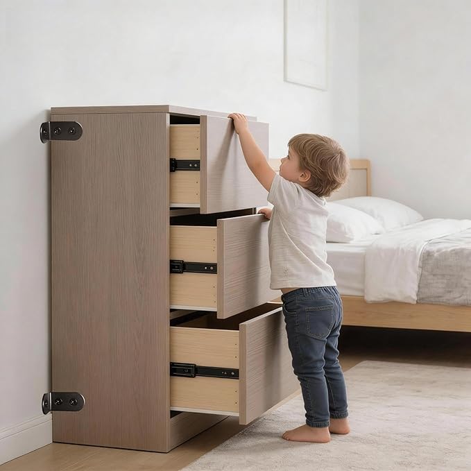 Dresser Anchors to Wall | Anti Tip Furniture Wall Anchor Kit for Baby Proofing 2 Installation Methods Safety Straps Secure Bookcase & Dresser to Wall (Black, 1.4 in)