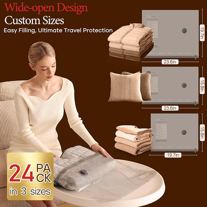 Vacuum Bags for Travel with Rechargeable air Pump, Carry-on Size Compression Packing Bags for Luggage and Suitcase, Space Saver for Clothes and Clothing 24 Combo Travel Size
