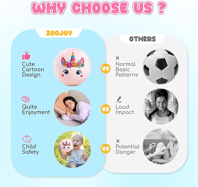 ZOOJOY Soft Balls for Toddlers 1-3, Silent Indoor Soccer Ball Size 3, Plush Inflatable House Ball for Kids 3-5, Kickball Toys First Birthday Gifts for Baby Boys Girls, Pink Unicorn, Pump Include