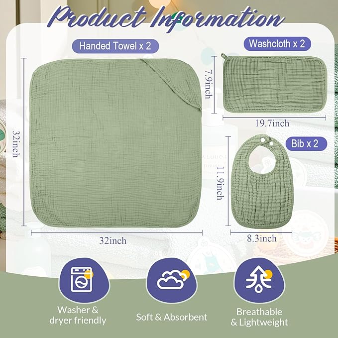 6 Pcs Muslin Hooded Bath Towels Washcloths and Bibs Set, Muslin Cotton Baby Towels Absorbent Hooded Blanket Towel Infant Bibs for Boys Girls Newborn Infant Essential(Light Blue, Light Green)
