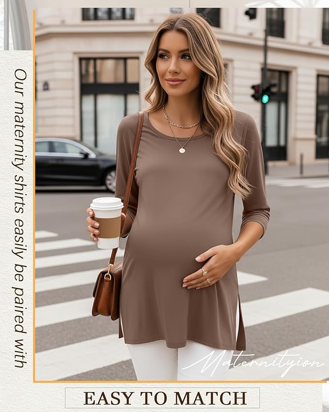 3 Pack Women's 3/4 Sleeve Maternity Shirts Elbow Length Clothes Round Neck Tunics Pregnancy Loose Side Split Tops