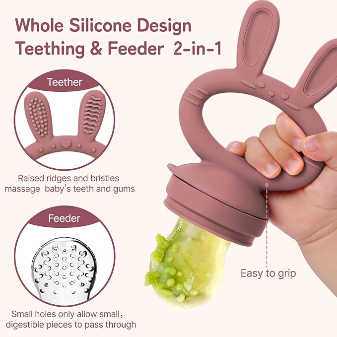 Baby Solids/Frozen Fruit Feeder Pacifier, Infant Teether Toy 4M+, BPA-Free Silicone Pouch & Nipple, Safely Introduce Solids, Teething Relief, 2-Pack (Rabbit - Pink Purple, S/M/L)